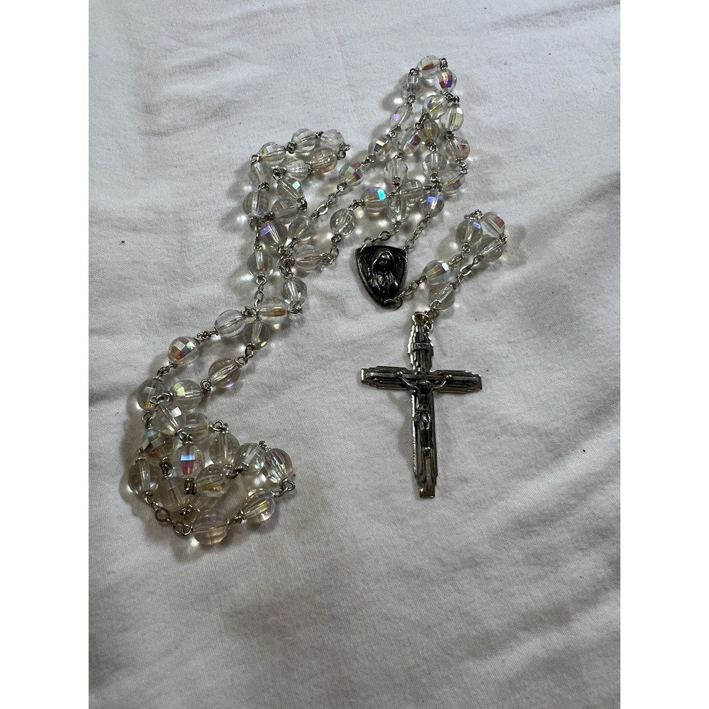 Set of 2 Catholic Rosaries Blue & Clear Glass Beads Silver Crucifix INRI Vintage - Picture 9 of 12
